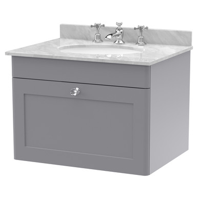 Nuie Satin Grey Classique Wall Hung Single Drawer Vanity Unit With Grey Marble Countertop And Round Basin With Tap Holes | | Mfc | 600Mm Size 3