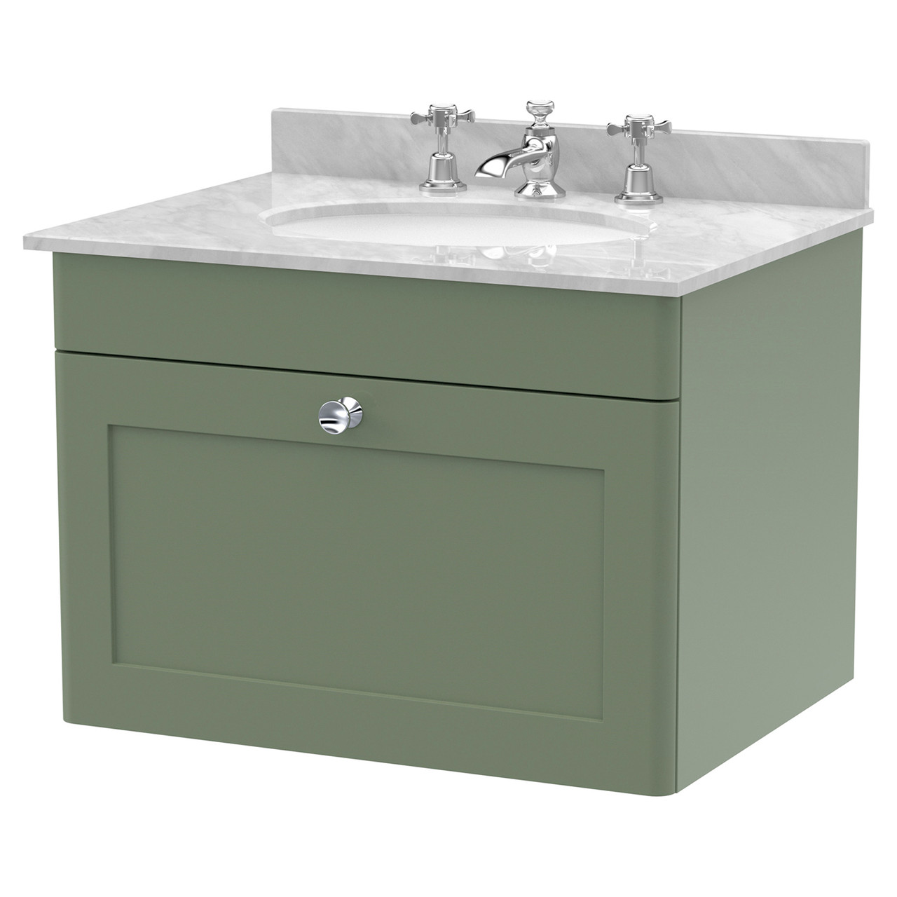 Nuie Classique Wall Hung Single Drawer Vanity Unit with Grey Marble Countertop and Round Basin with 3 Tap Holes