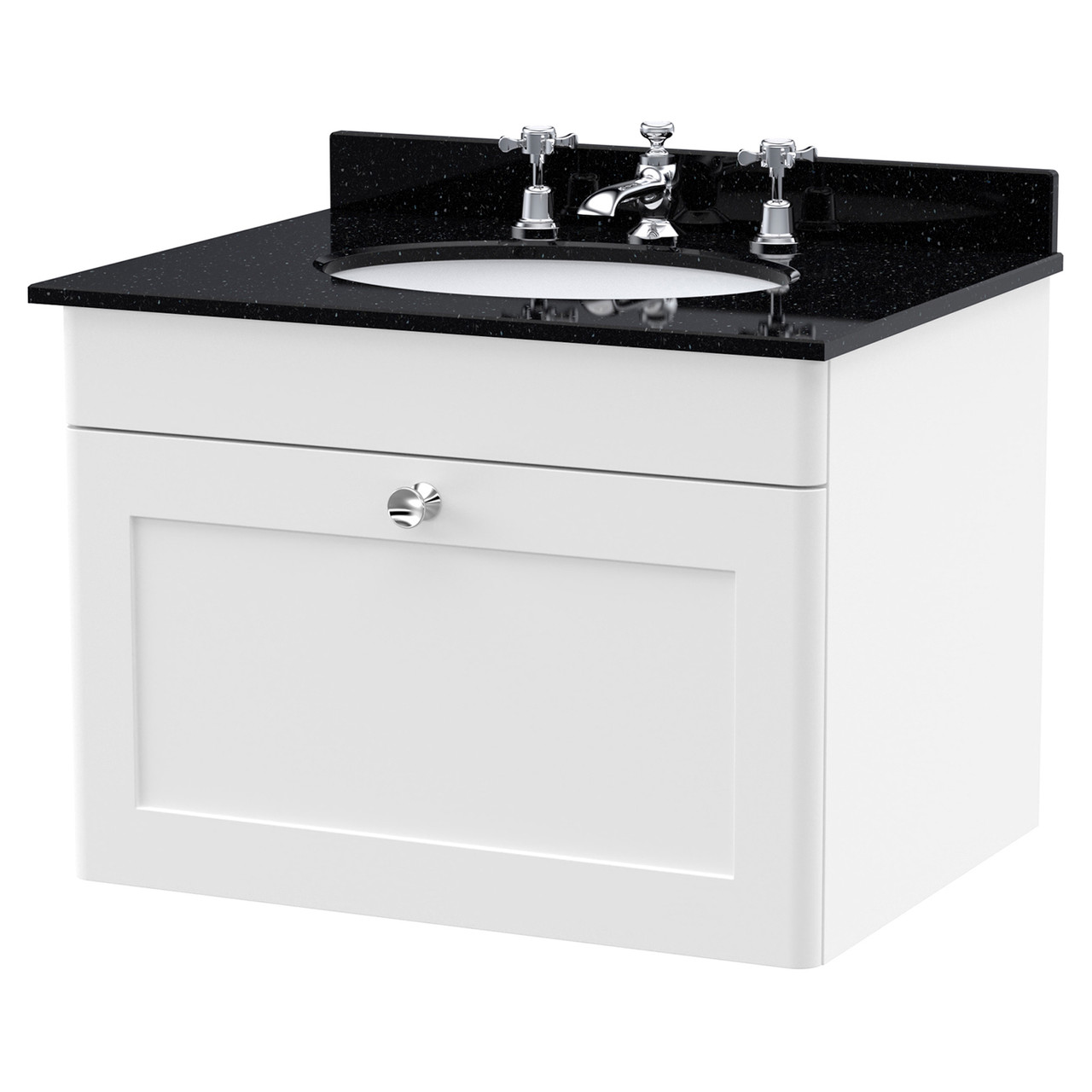 Nuie Classique Wall Hung Single Drawer Vanity Unit with Black Marble Countertop and Round Basin with 3 Tap Holes