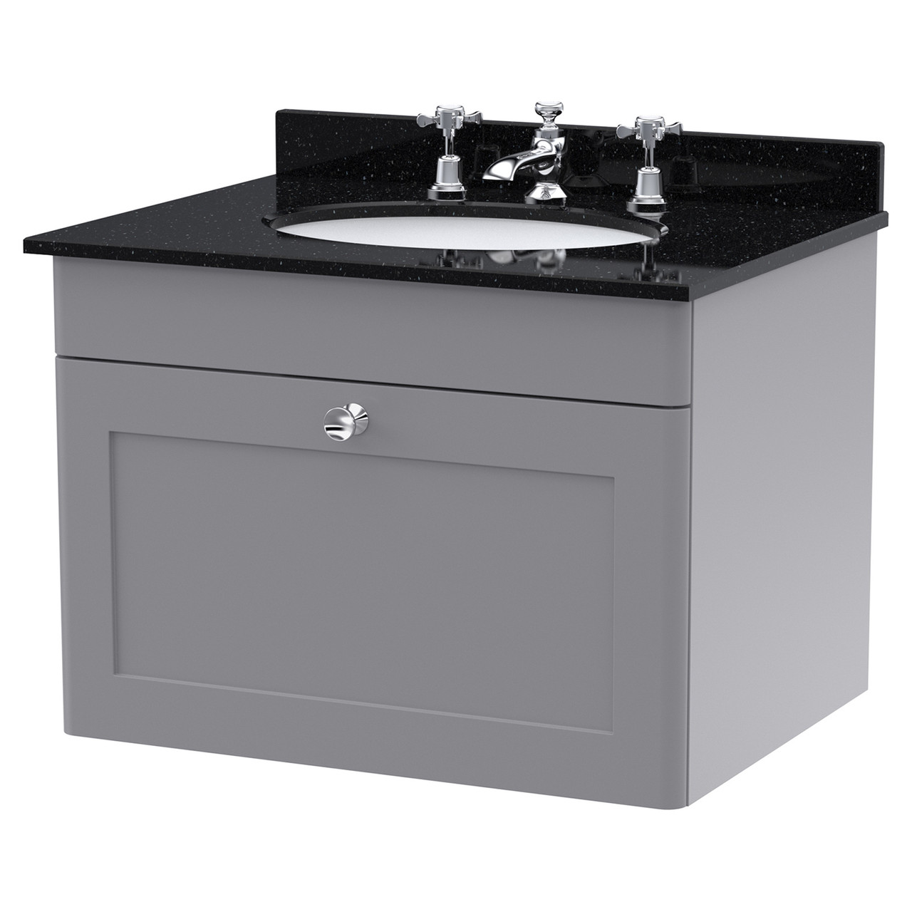 Nuie Classique Wall Hung Single Drawer Vanity Unit with Black Marble Countertop and Round Basin with 3 Tap Holes