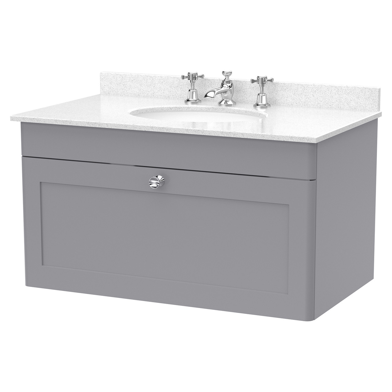Nuie Classique Wall Hung Single Drawer Vanity Unit with White Marble Countertop and Round Basin with 3 Tap Holes