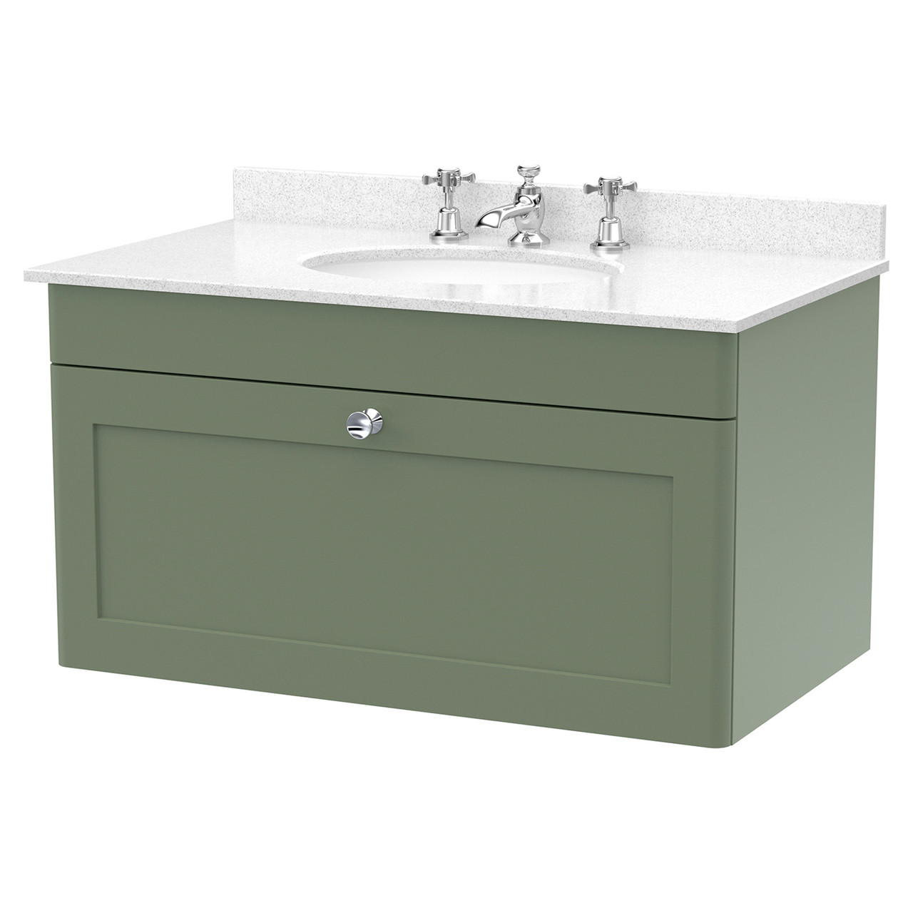 Nuie Classique Wall Hung Single Drawer Vanity Unit with White Marble Countertop and Round Basin with 3 Tap Holes