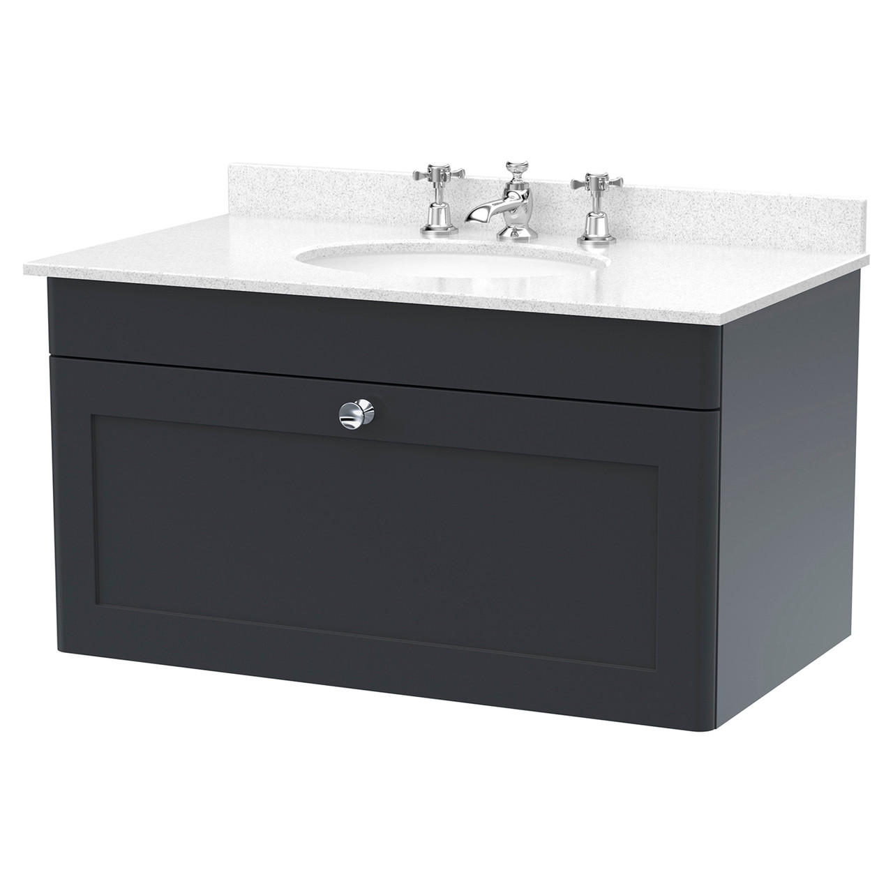 Nuie Classique Satin Wall Hung Single Drawer Vanity Unit with White Marble Countertop and Round Basin with 3 Tap Holes