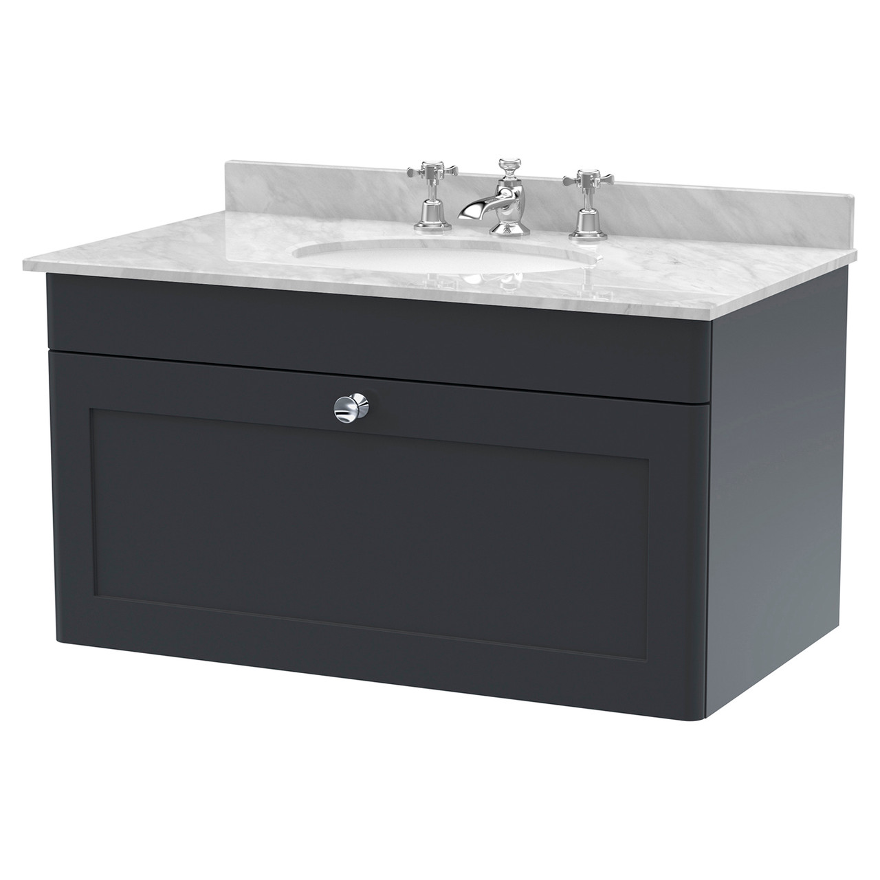 Nuie Classique Satin Wall Hung Single Drawer Vanity Unit with Grey Marble Countertop and Round Basin with 3 Tap Holes