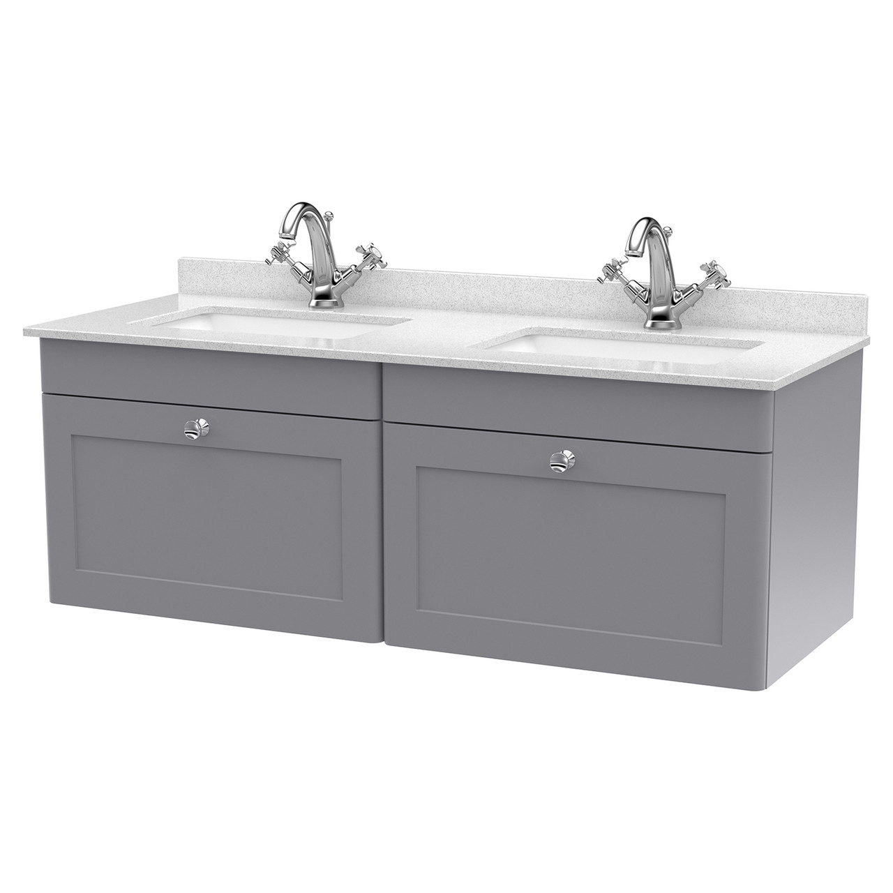Nuie Classique Wall Hung 2 Drawer Vanity Unit with White Marble Countertop and 2 Square Basins with 2 Tap Holes