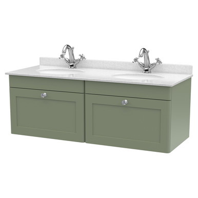 Nuie Satin Green Classique Wall Hung Drawer Vanity Unit With White Marble Countertop And Round Basins With Tap Holes | | Mfc | 1200Mm Size 2