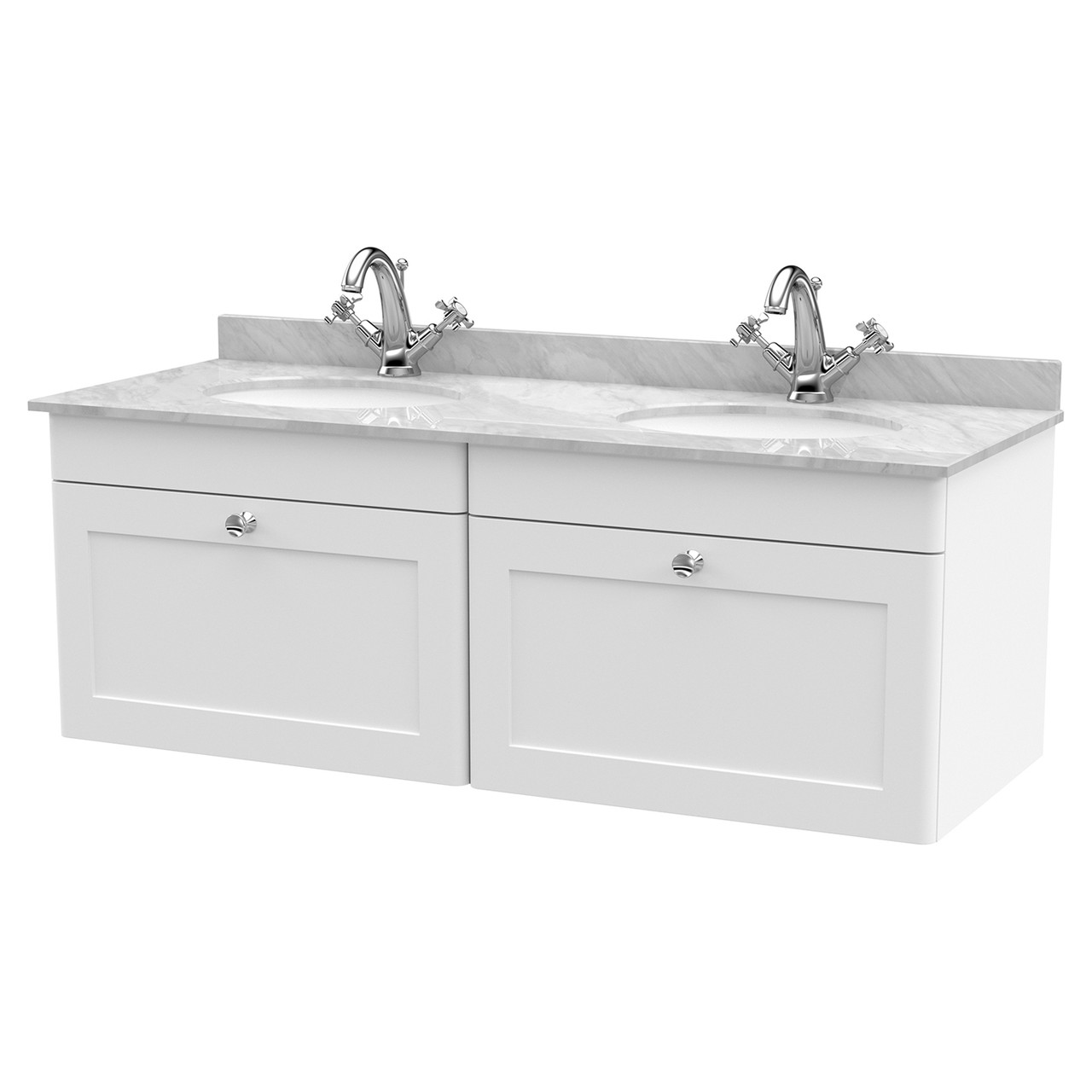Nuie Classique Wall Hung 2 Drawer Vanity Unit with Grey Marble Countertop and 2 Round Basins with 2 Tap Holes