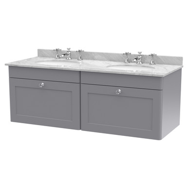 Nuie Satin Grey Classique Wall Hung Drawer Vanity Unit With Grey Marble Countertop And Round Basins With 6 Tap Holes | | Mfc | 1200Mm Size 2
