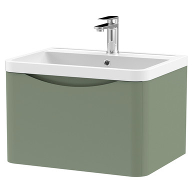 Nuie Satin Green Lunar Wall Hung Single Drawer Vanity Unit And Polymarble Basin | | Mdf | 600Mm
