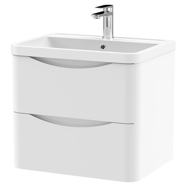 Nuie Satin White Lunar Wall Hung 2 Drawer Vanity Unit And Polymarble Basin | | Mdf | 600Mm