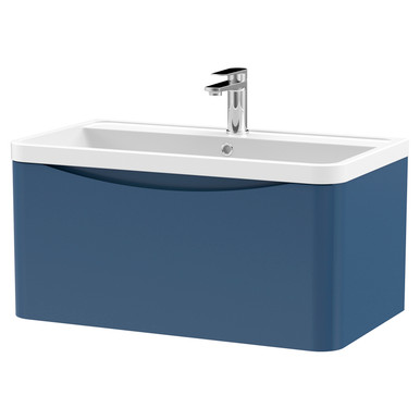 Nuie Satin Blue Lunar Wall Hung Single Drawer Vanity Unit And Polymarble Basin | | Mdf | 800Mm