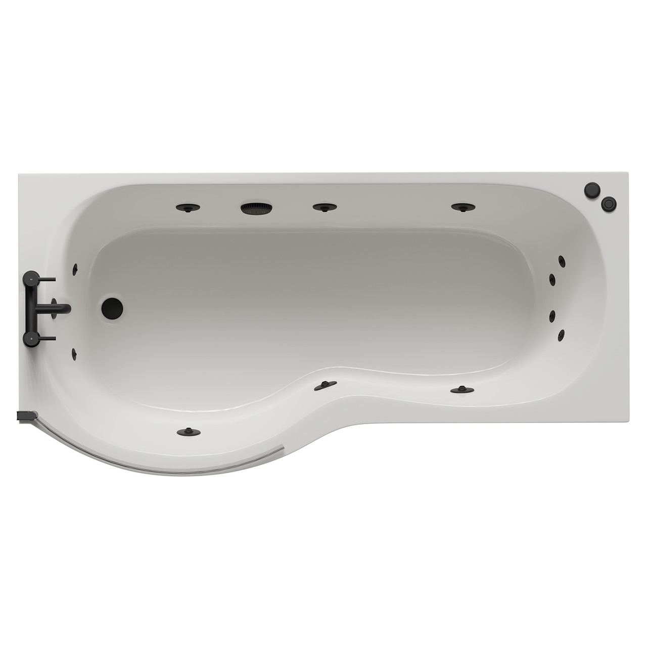 Plage 12 Jet Matt Black V-Tec Left Hand P Shaped Whirlpool Shower Bath with Bath Screen and Front Bath Panel