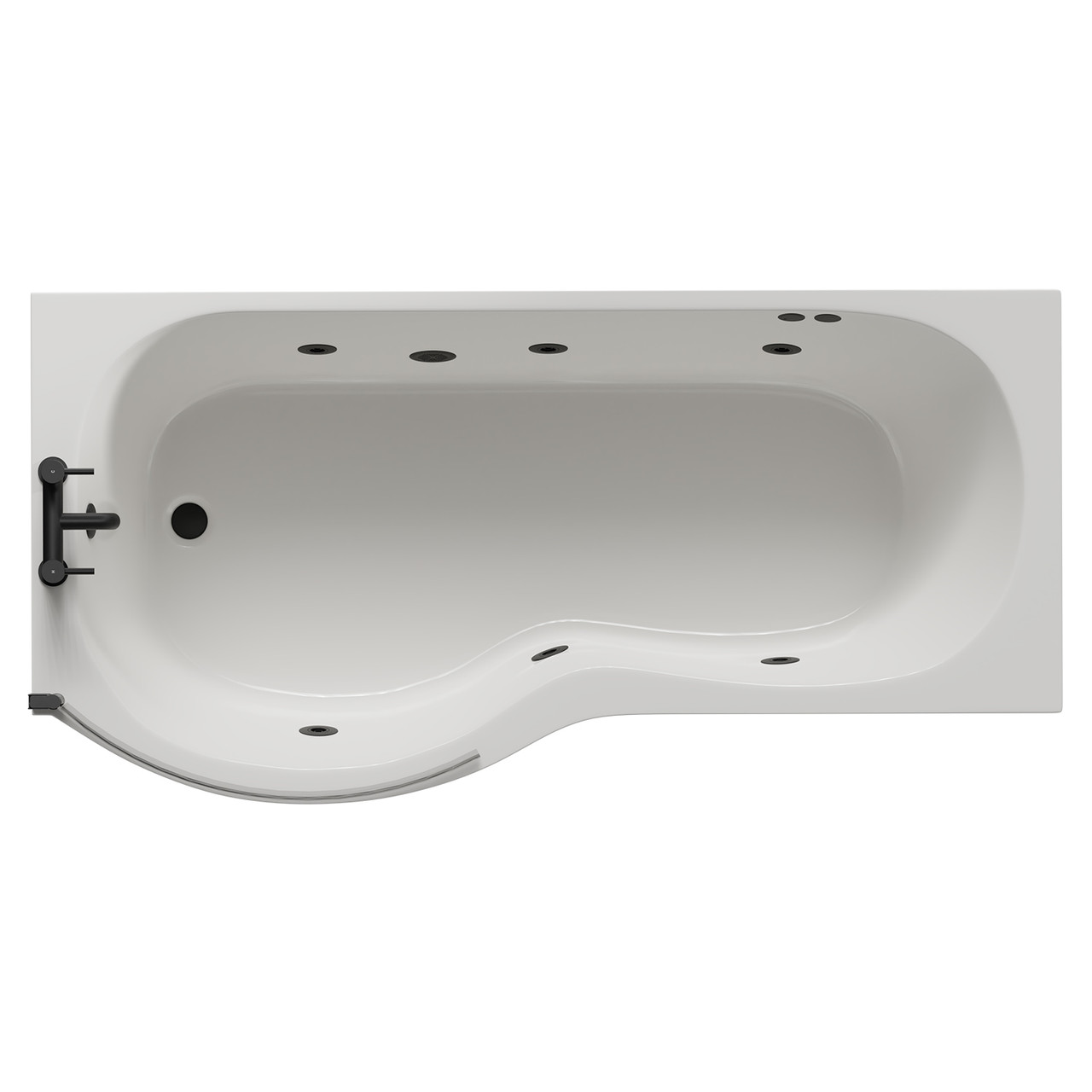 Plage 6 Jet Matt Black Flat Jet Left Hand P Shaped Whirlpool Shower Bath with Bath Screen and Front Bath Panel