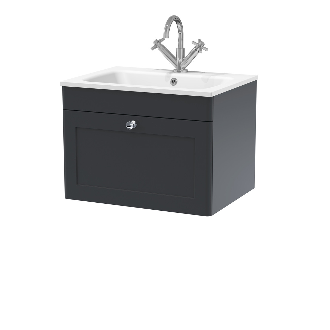 Nuie Classique Satin Wall Hung Single Drawer Vanity Unit and White Stone Basin
