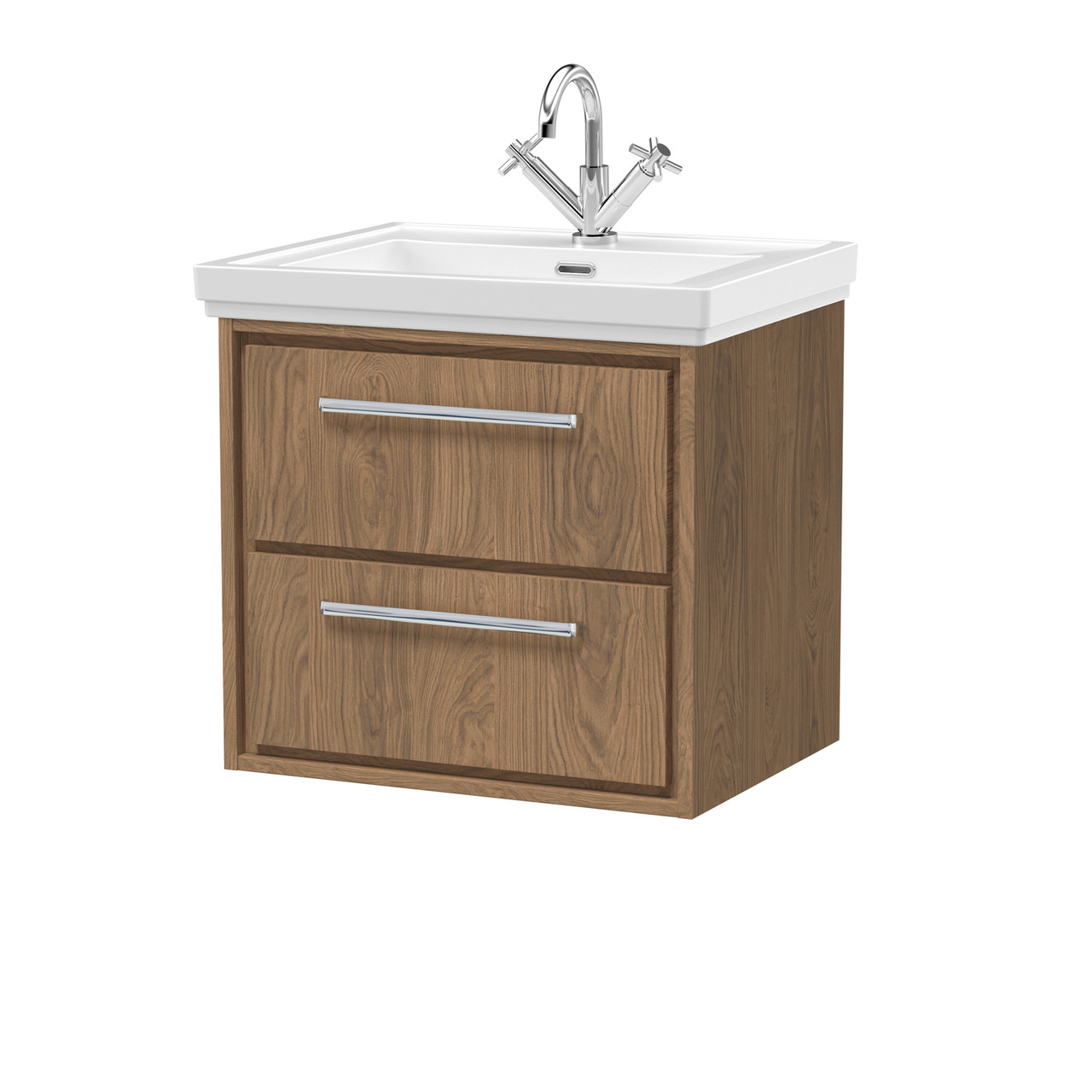 Hudson Reed Lille Woodgrain Wall Hung 2 Drawer Vanity Unit and Classic Fireclay Basin