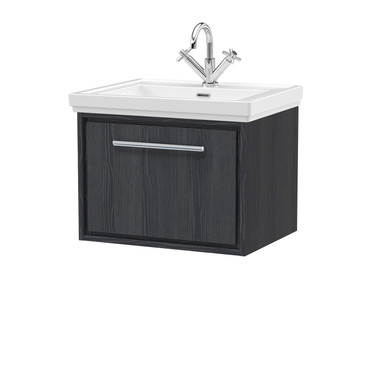 Hudson Reed Graphite Grey Lille Woodgrain Wall Hung Single Drawer Vanity Unit And Classic Fireclay Basin | | Mfc | 600Mm
