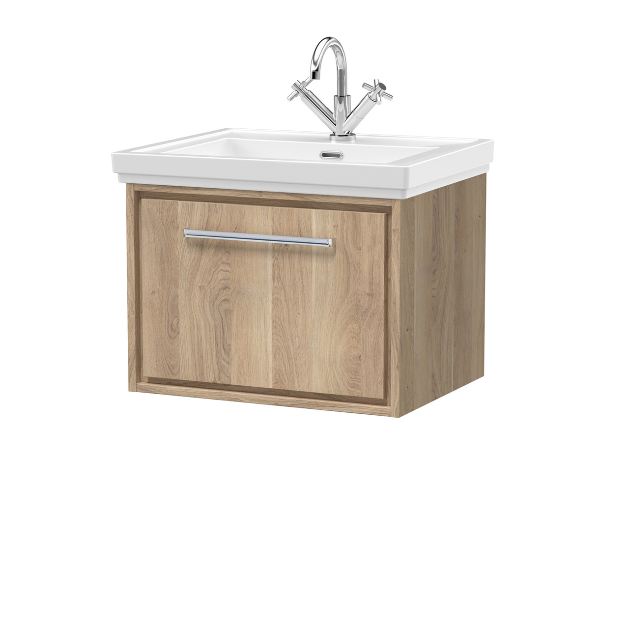 Hudson Reed Lille Woodggrain Wall Hung Single Drawer Vanity Unit and Classic Fireclay Basin