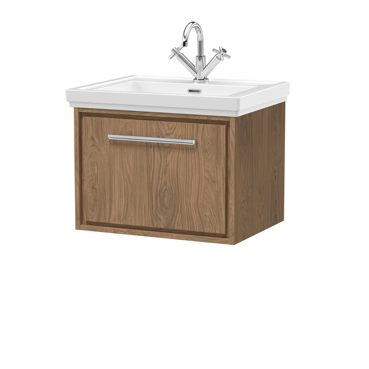 Hudson Reed Lille Woodgrain Wall Hung Single Drawer Vanity Unit and Classic Fireclay Basin