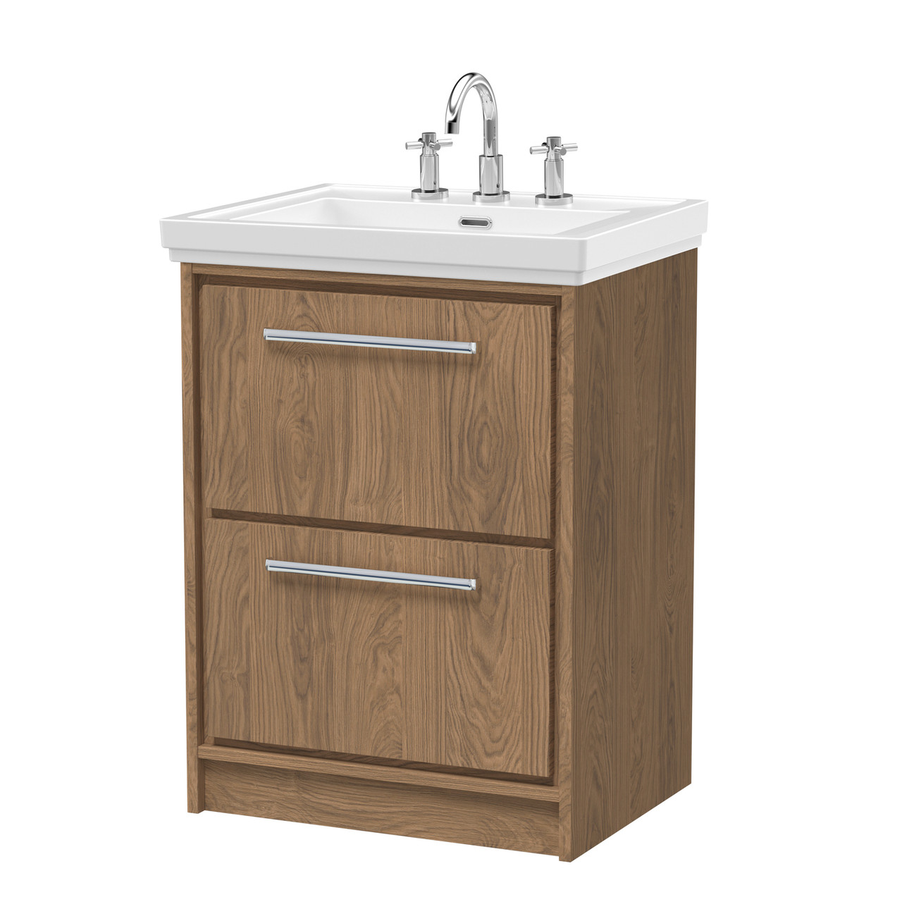 Hudson Reed Lille Woodgrain 2 Drawer Vaniey Unit and Classic 3 Tap Hole Fireclay Basin