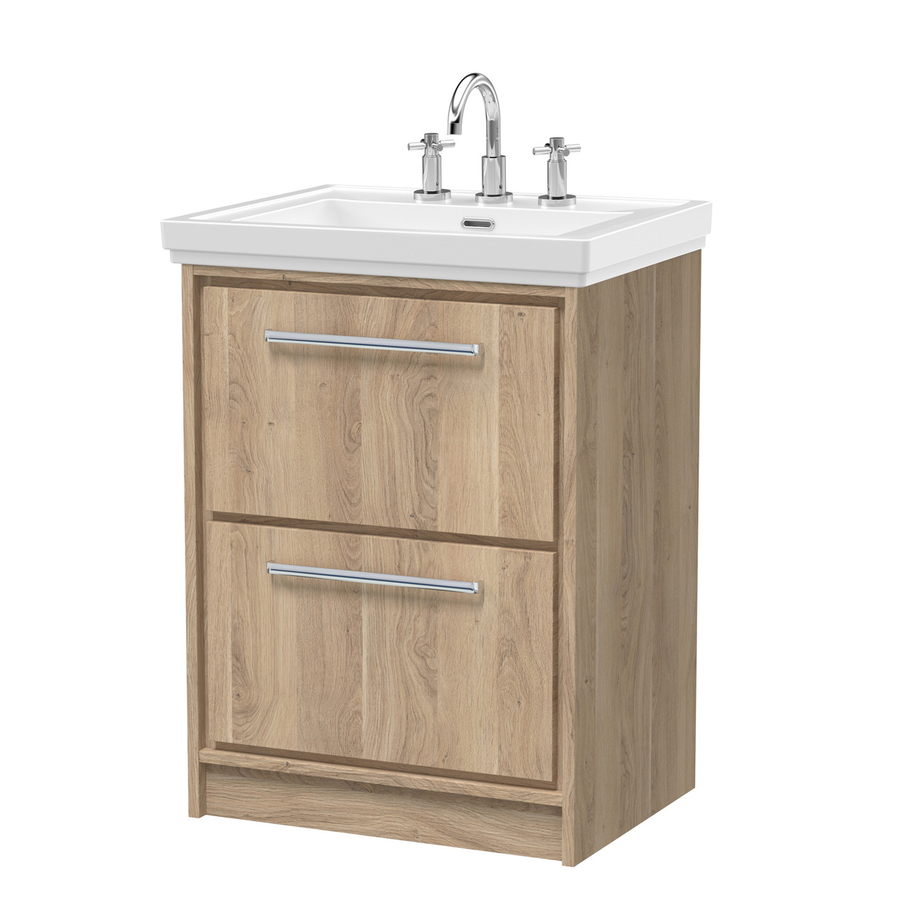 Hudson Reed Lille Woodgrain 2 Drawer Vaniey Unit and Classic 3 Tap Hole Fireclay Basin