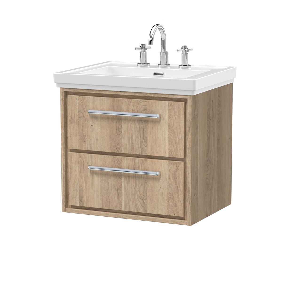 Hudson Reed Lille Woodgrain Wall Hung 2 Drawer Vanity Unit and Classic 3 Tap Hole Fireclay Basin