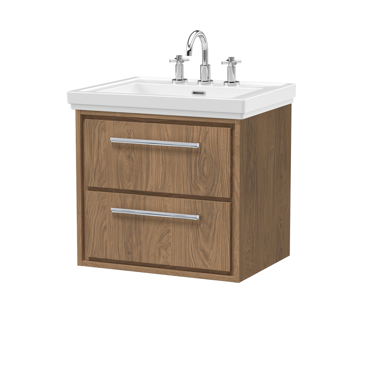 Hudson Reed Lille Woodgrain Wall Hung 2 Drawer Vanity Unit and Classic 3 Tap Hole Fireclay Basin
