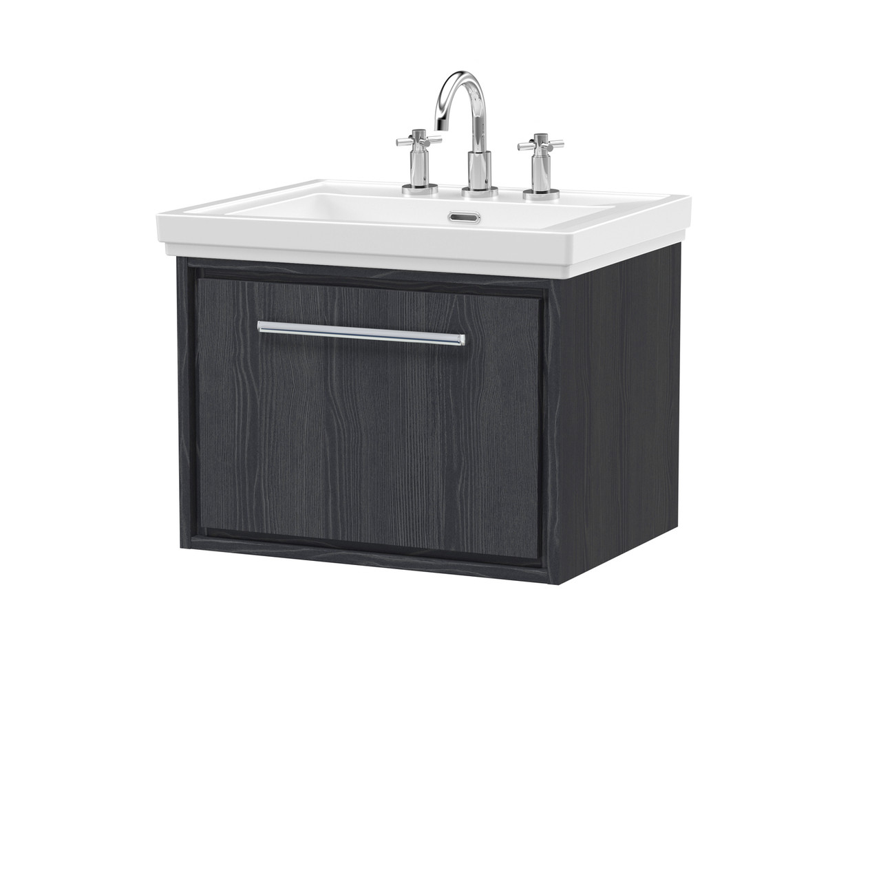 Hudson Reed Lille Woodgrain Wall Hung Single Drawer Vanity Unit and Classic 3 Tap Hole Fireclay Basin