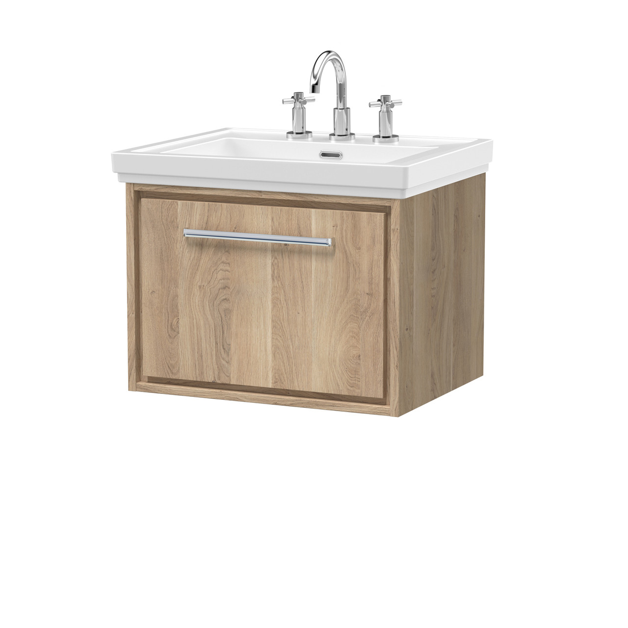 Hudson Reed Lille Woodggrain Wall Hung Single Drawer Vanity Unit and Classic 3 Tap Hole Fireclay Basin
