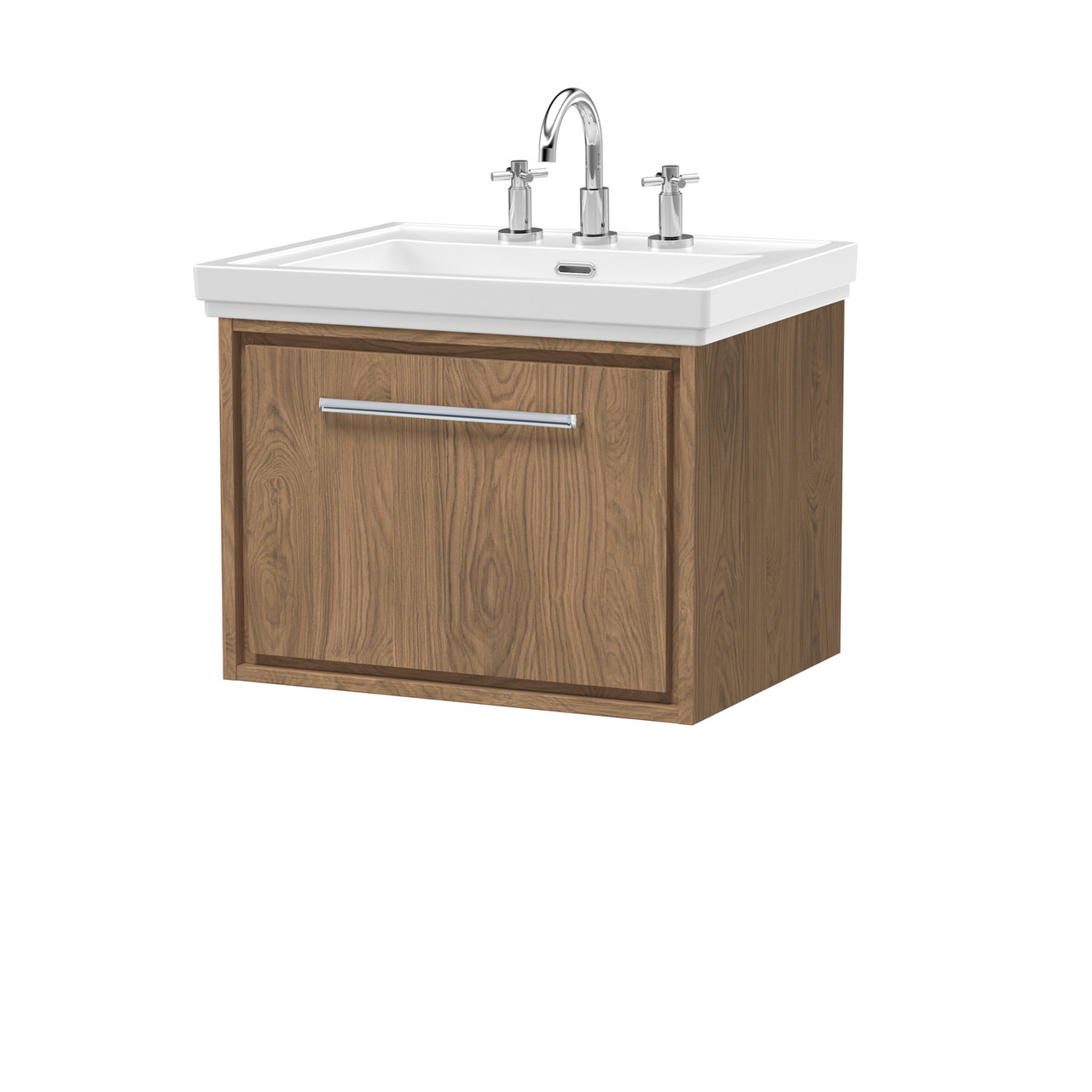 Hudson Reed Lille Woodgrain Wall Hung Single Drawer Vanity Unit and Classic 3 Tap Hole Fireclay Basin