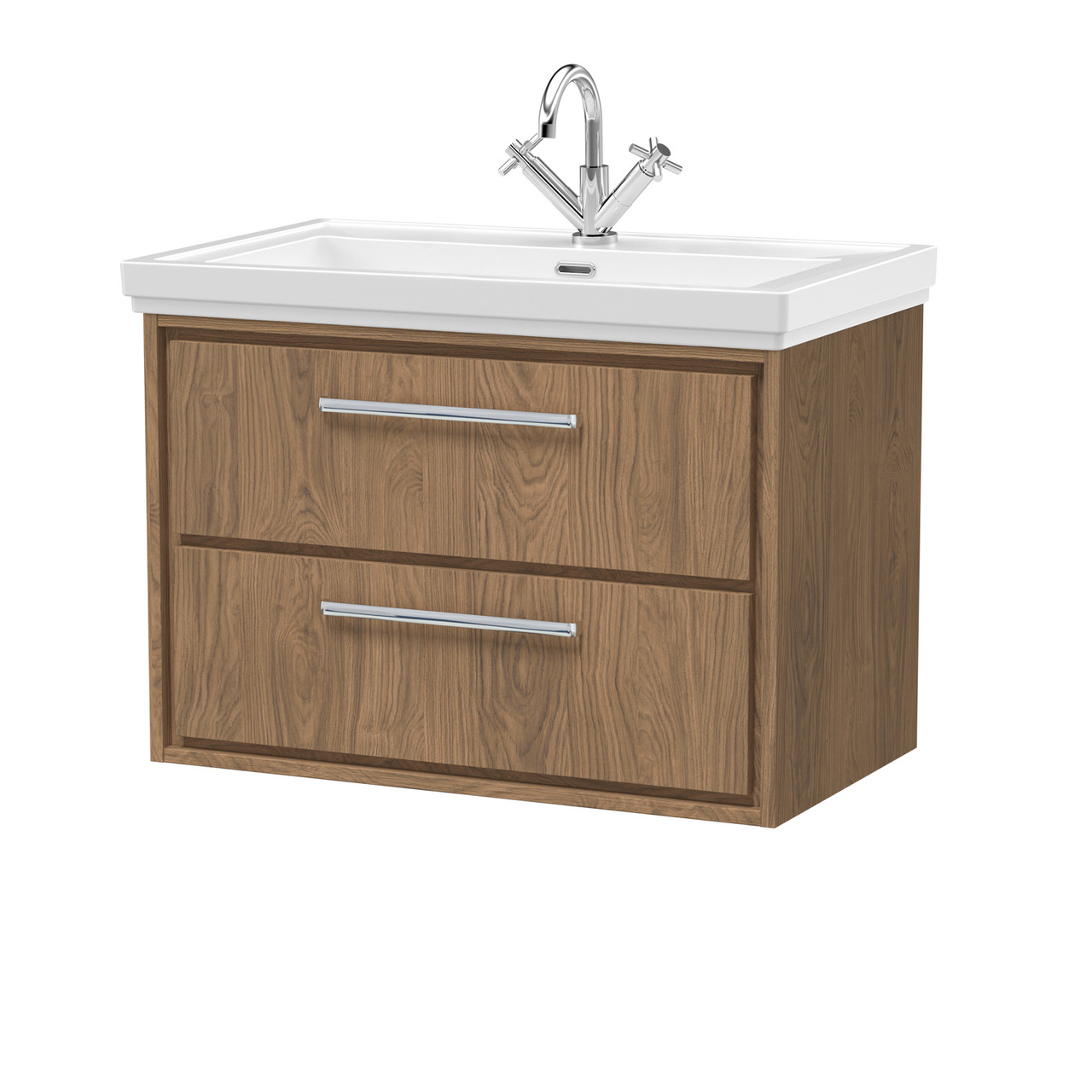 Hudson Reed Lille Woodgrain Wall Hung 2 Drawer Vanity Unit and Classic Fireclay Basin
