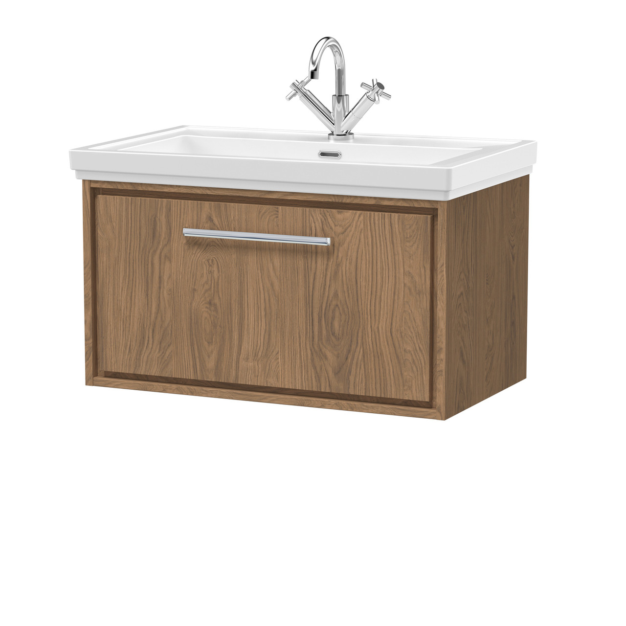 Hudson Reed Lille Woodgrain Wall Hung Single Drawer Vanity Unit and Classic Fireclay Basin