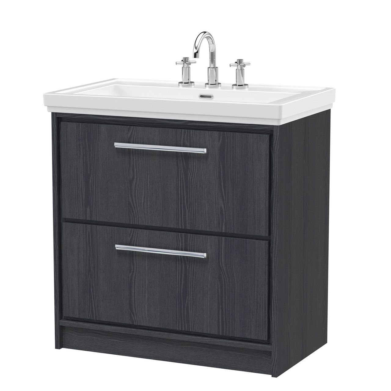 Hudson Reed Lille Woodgrain 2 Drawer Vanity Unit and Classic 3 Tap Hole Fireclay Basin
