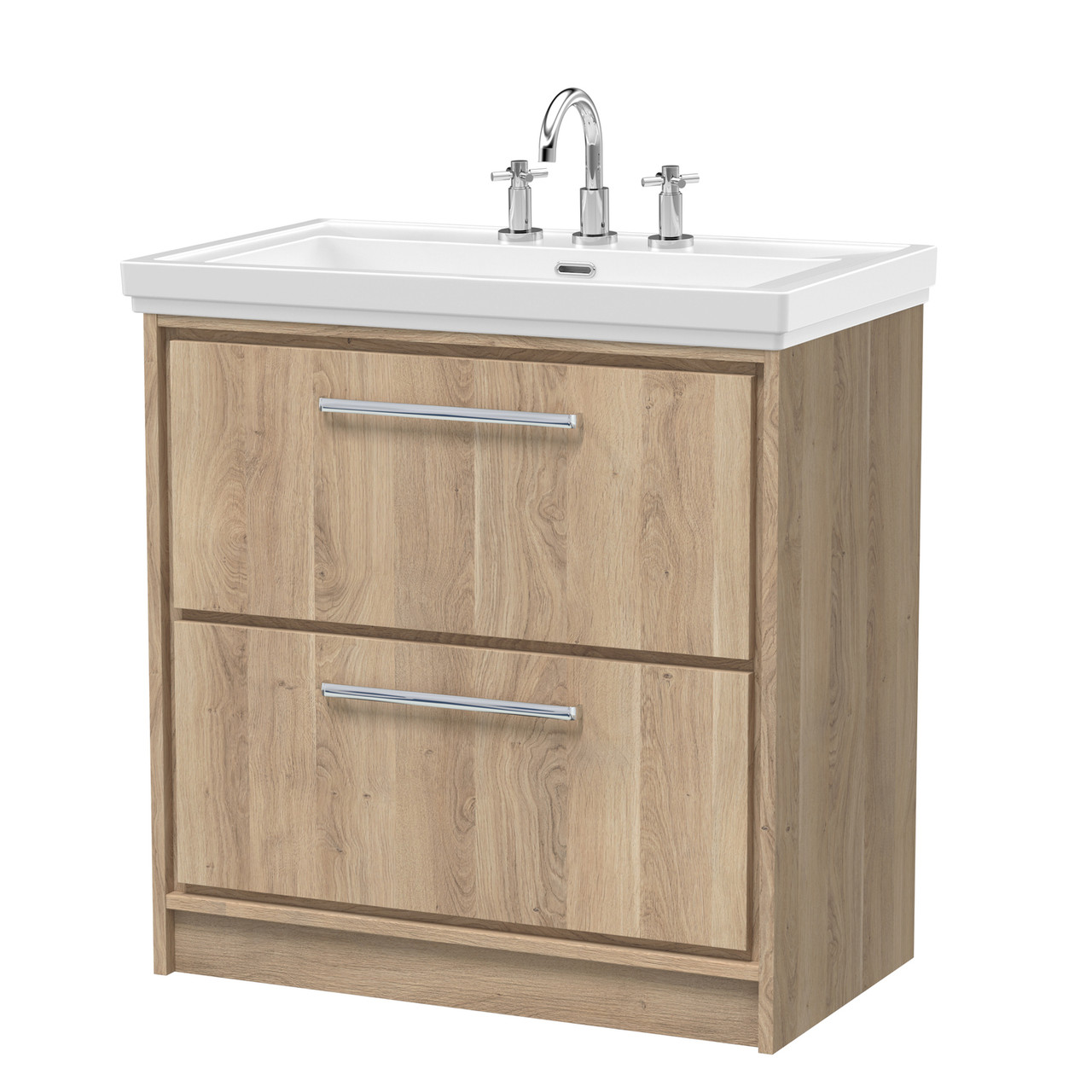 Hudson Reed Lille Woodgrain 2 Drawer Vanity Unit and Classic 3 Tap Hole Fireclay Basin