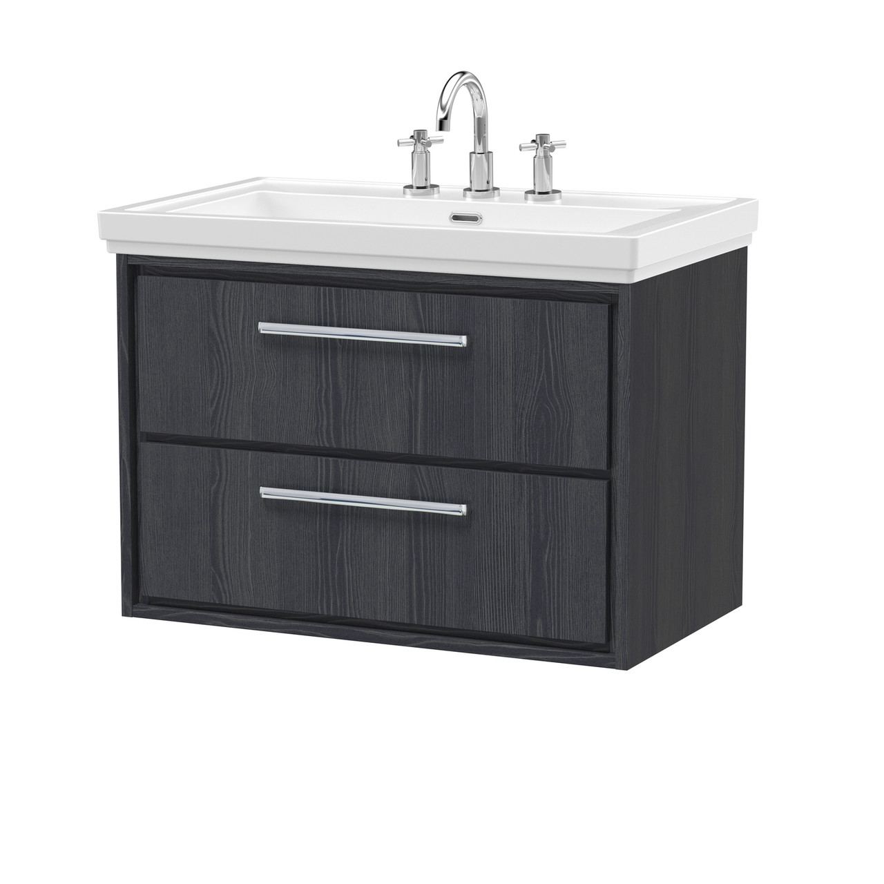 Hudson Reed Lille Woodgrain Wall Hung 2 Drawer Vanity Unit and Classic 3 Tap Hole Fireclay Basin