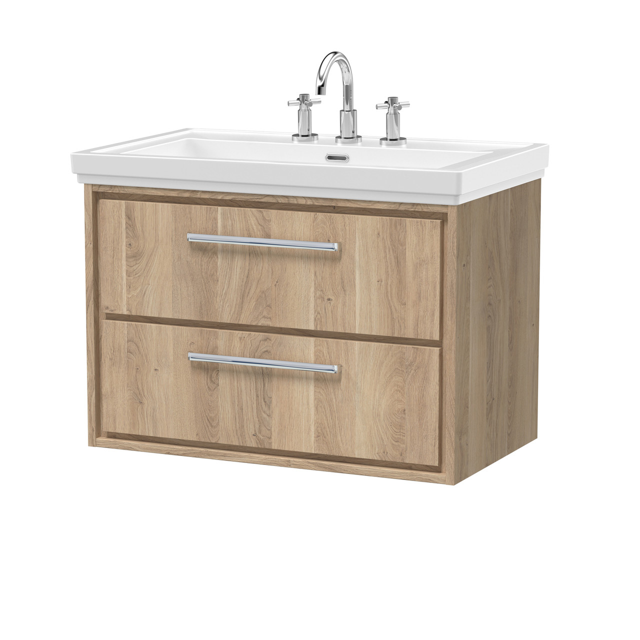 Hudson Reed Lille Woodgrain Wall Hung 2 Drawer Vanity Unit and Classic 3 Tap Hole Fireclay Basin