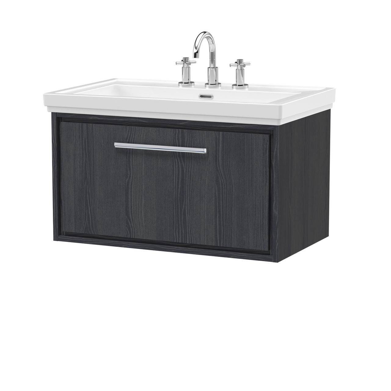 Hudson Reed Lille Woodgrain Wall Hung Single Drawer Vanity Unit and Classic 3 Tap Hole Fireclay Basin