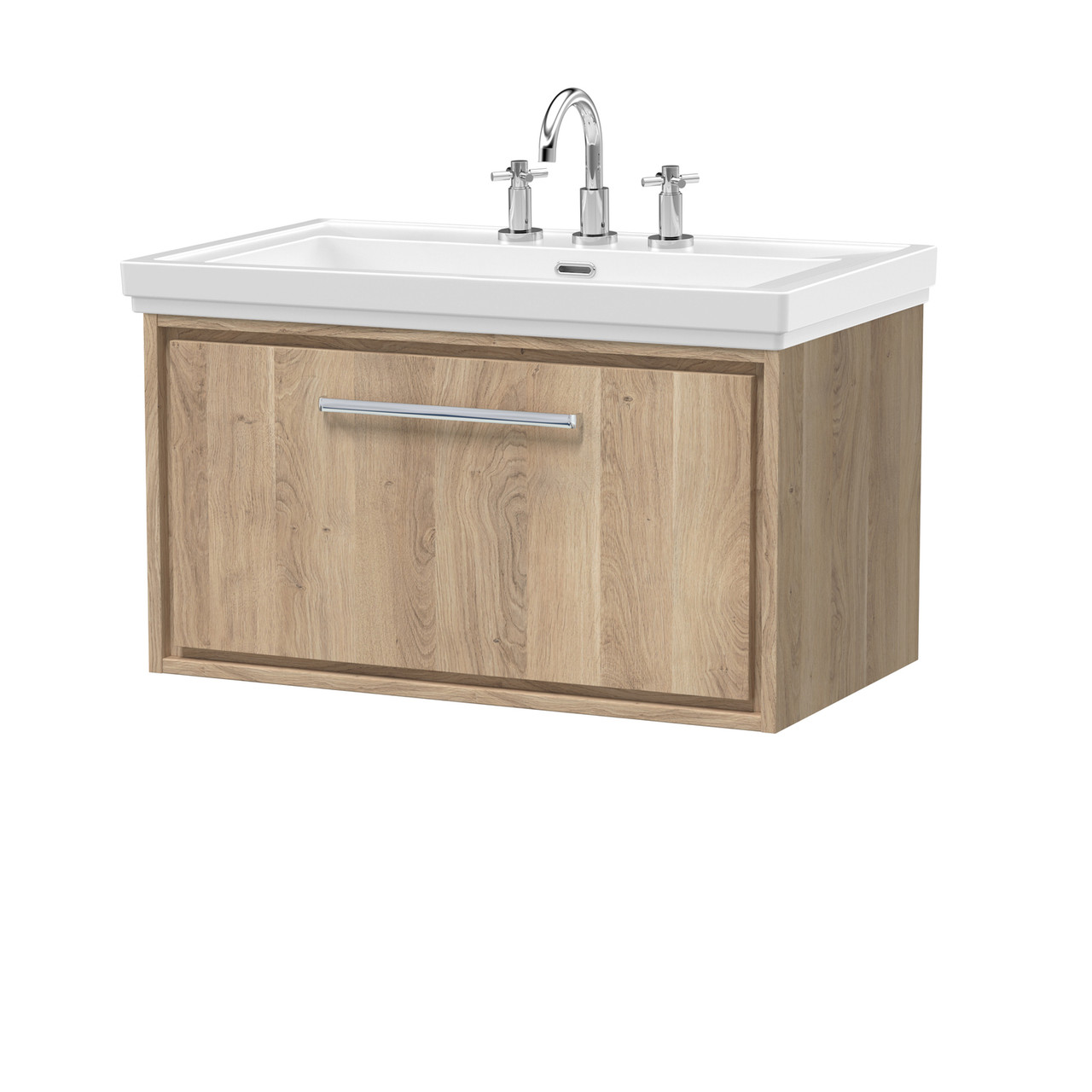 Hudson Reed Lille Woodgrain Wall Hung Single Drawer Vanity Unit and Classic 3 Tap Hole Fireclay Basin