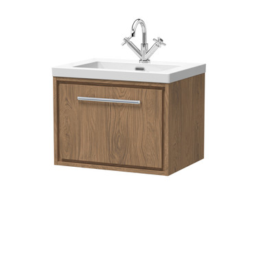 Hudson Reed Antique Oak Lille Woodgrain Wall Hung Single Drawer Vanity Unit And Minimalist Fireclay Basin | | Mfc | 600Mm
