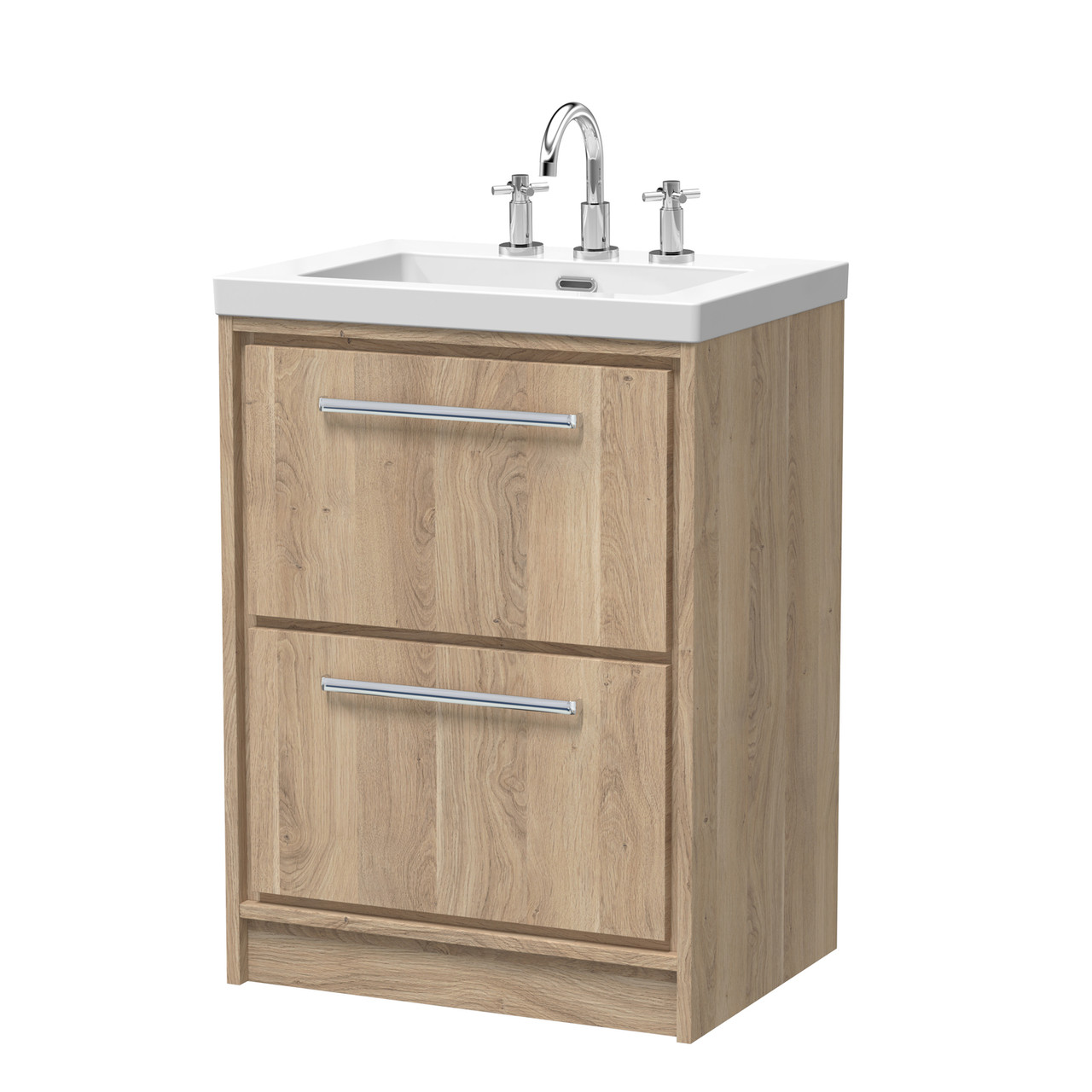 Hudson Reed Lille Woodgrain 2 Drawer Vaniey Unit and Minimalist 3 Tap Hole Fireclay Basin