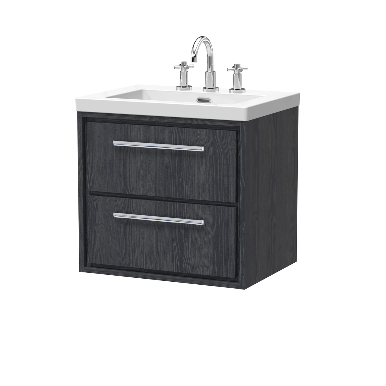 Hudson Reed Lille Woodgrain Wall Hung 2 Drawer Vanity Unit and Minimalist 3 Tap Hole Fireclay Basin