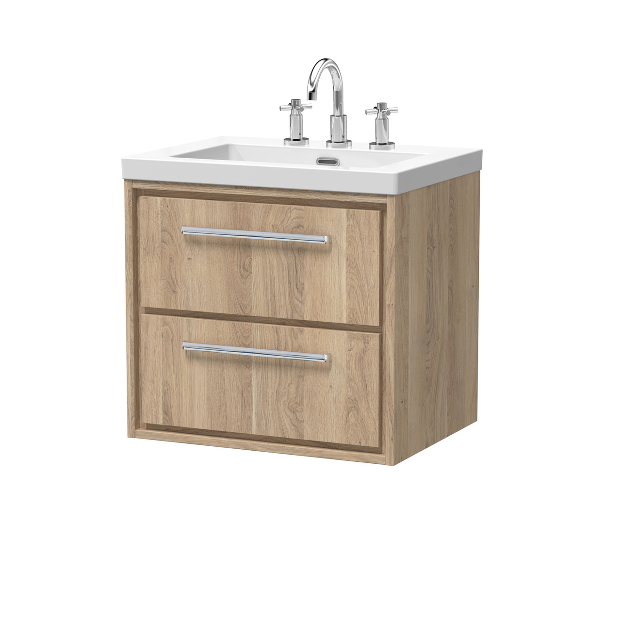 Hudson Reed Lille Woodgrain Wall Hung 2 Drawer Vanity Unit and Minimalist 3 Tap Hole Fireclay Basin