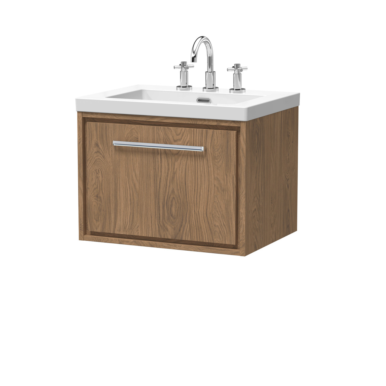 Hudson Reed Lille Woodgrain Wall Hung Single Drawer Vanity Unit and Minimalist 3 Tap Hole Fireclay Basin