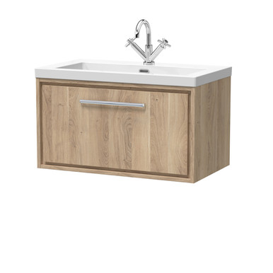 Hudson Reed Bleached Oak Lille Woodgrain Wall Hung Single Drawer Vanity Unit And Minimalist Fireclay Basin | | Mfc | 800Mm