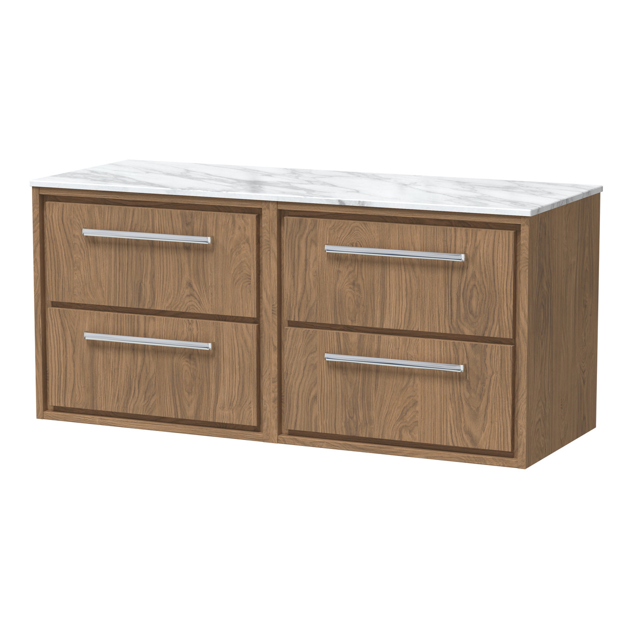 Hudson Reed Lille Woodgrain Wall Hung 4 Drawer Vanity Unit with Carrera Marble Worktop