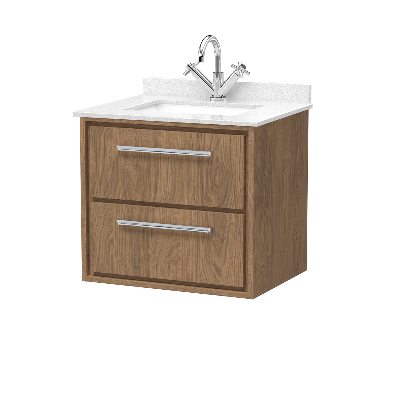 Hudson Reed Lille Woodgrain Wall Hung 2 Drawer Vanity Unit and White Marble Countertop with a Square Ceramic Basin