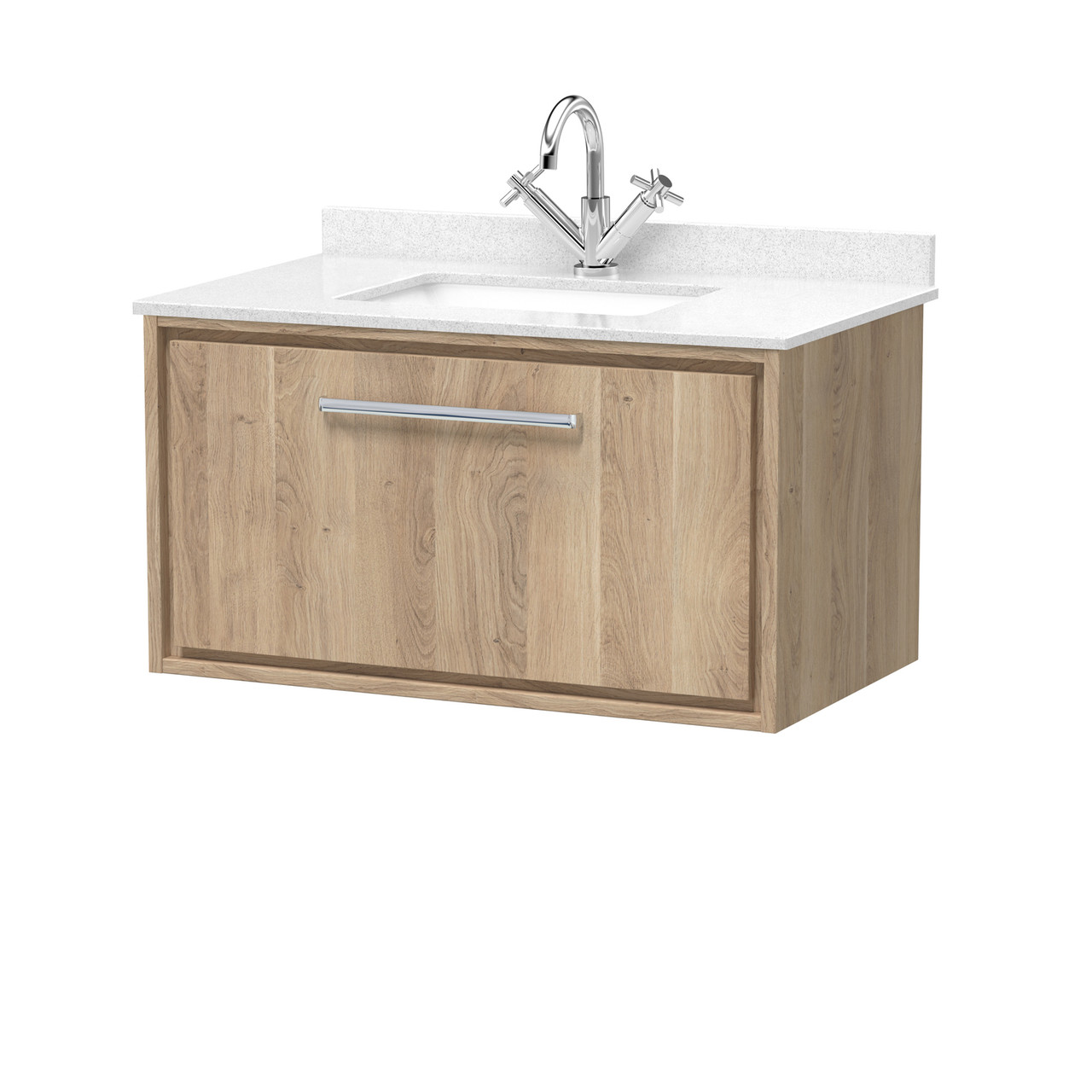 Hudson Reed Lille Woodgrain Wall Hung Single Drawer Vanity Unit and White Marble Countertop