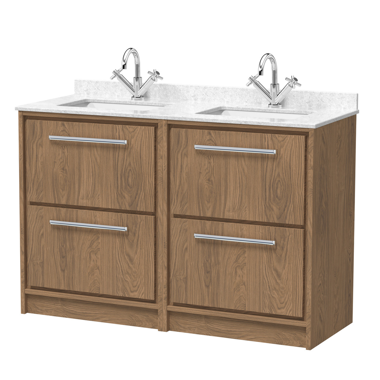 Hudson Reed Lille Woodgrain 4 Drawer Vanity Unit with White Marble Coutnertop and 2 Square Ceramic Basins