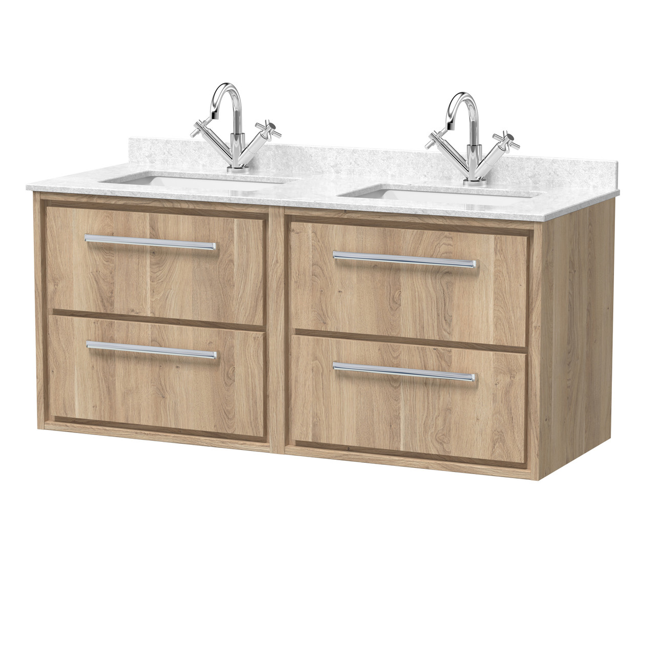 Hudson Reed Lille Woodgrain Wall Hung 4 Drawer Vanity Unit with White Marble Countertop and 2 Square Ceramic Basins