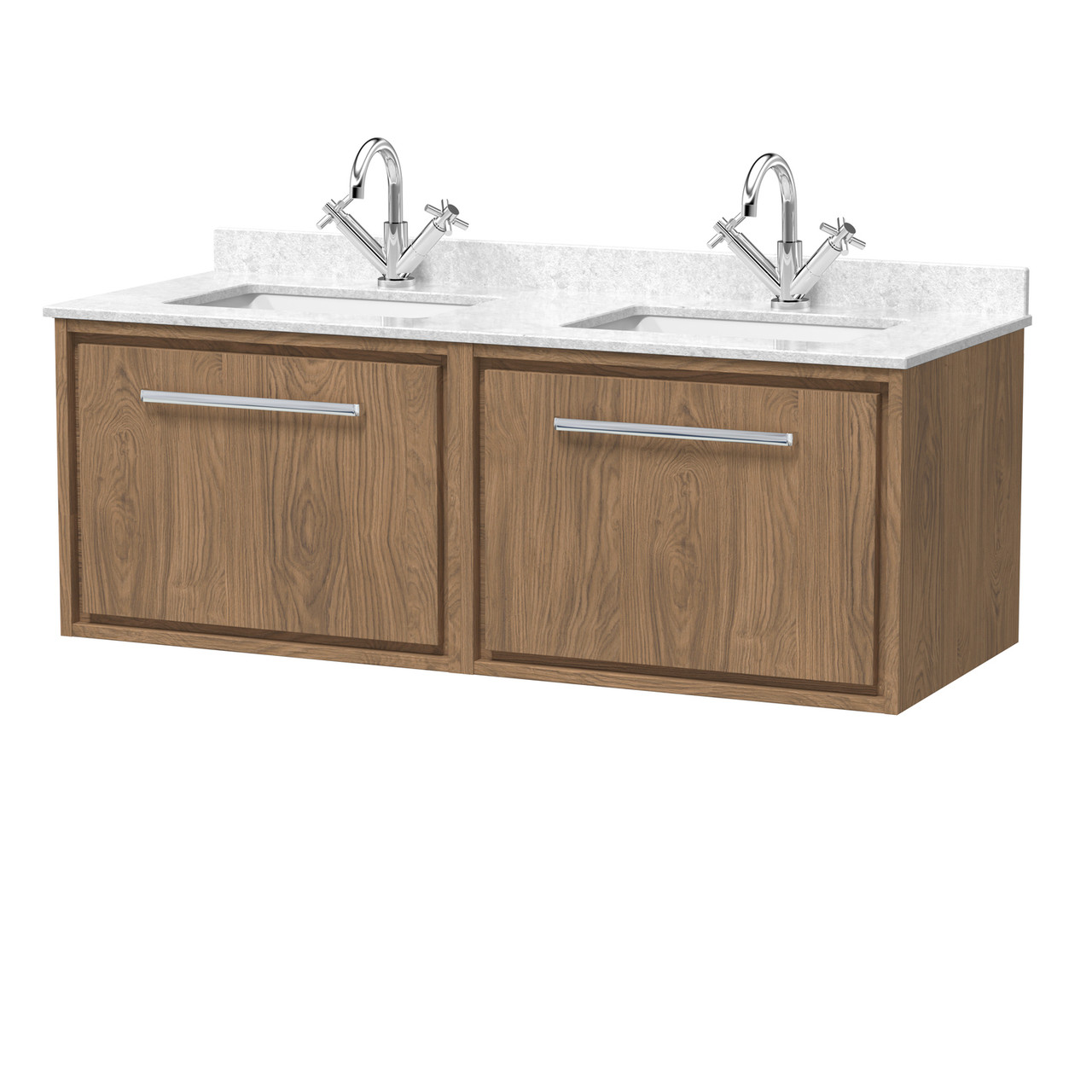 Hudson Reed Lille Woodgrain Wall Hung 2 Drawer Vanity Unit with White Marble Countertop and 2 Square Ceramic Basins