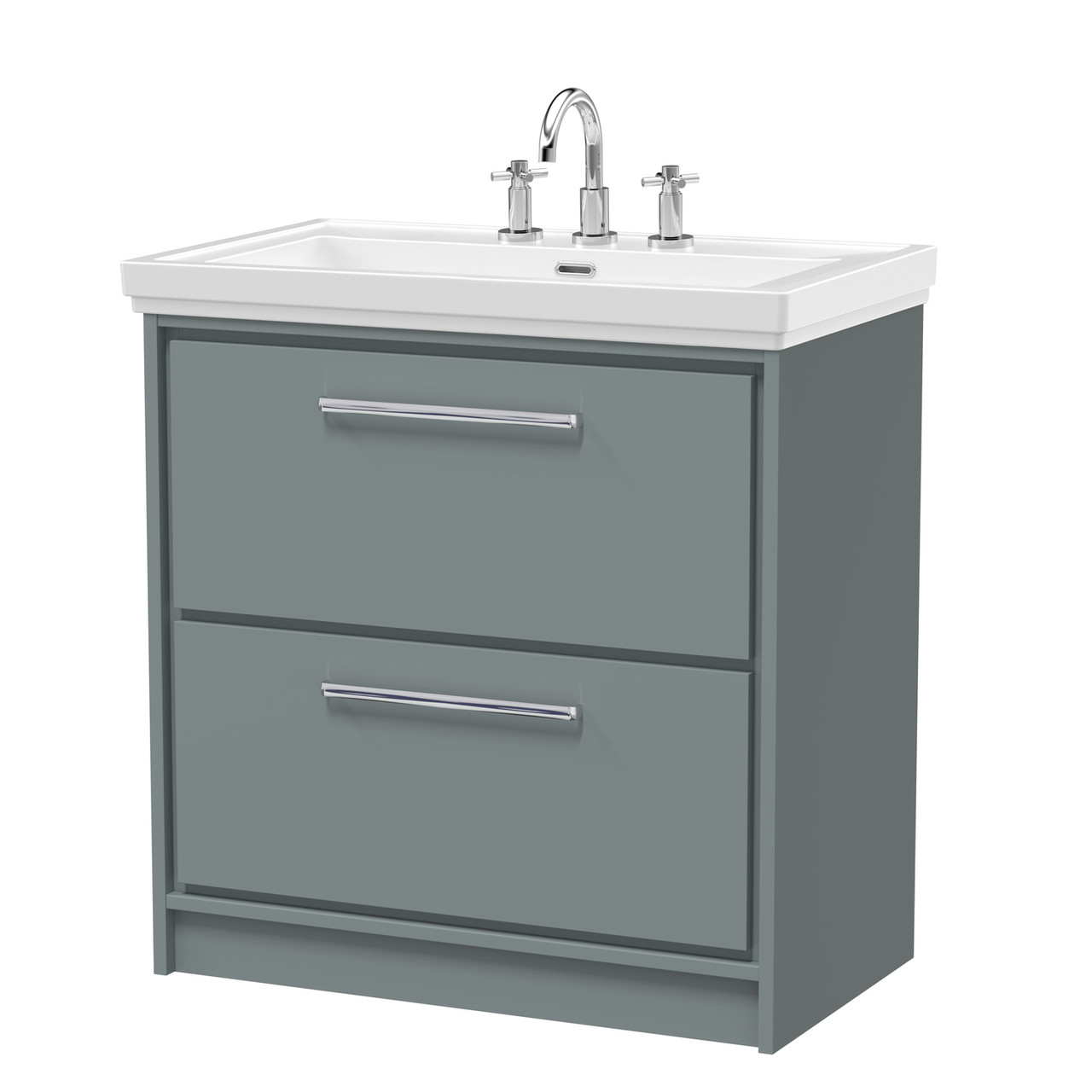 Hudson Reed Lille Matt 2 Drawer Vanity Unit and Classic 3 Tap Hole Fireclay Basin